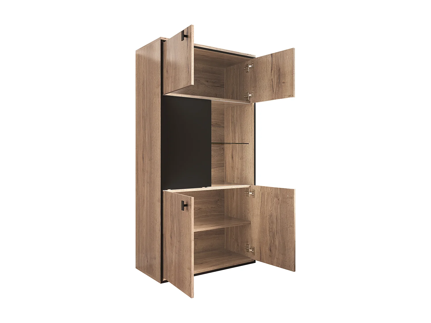 Credenza alta a LED con 5 ante - Legno naturale e colore nero 77,8x36x150cm