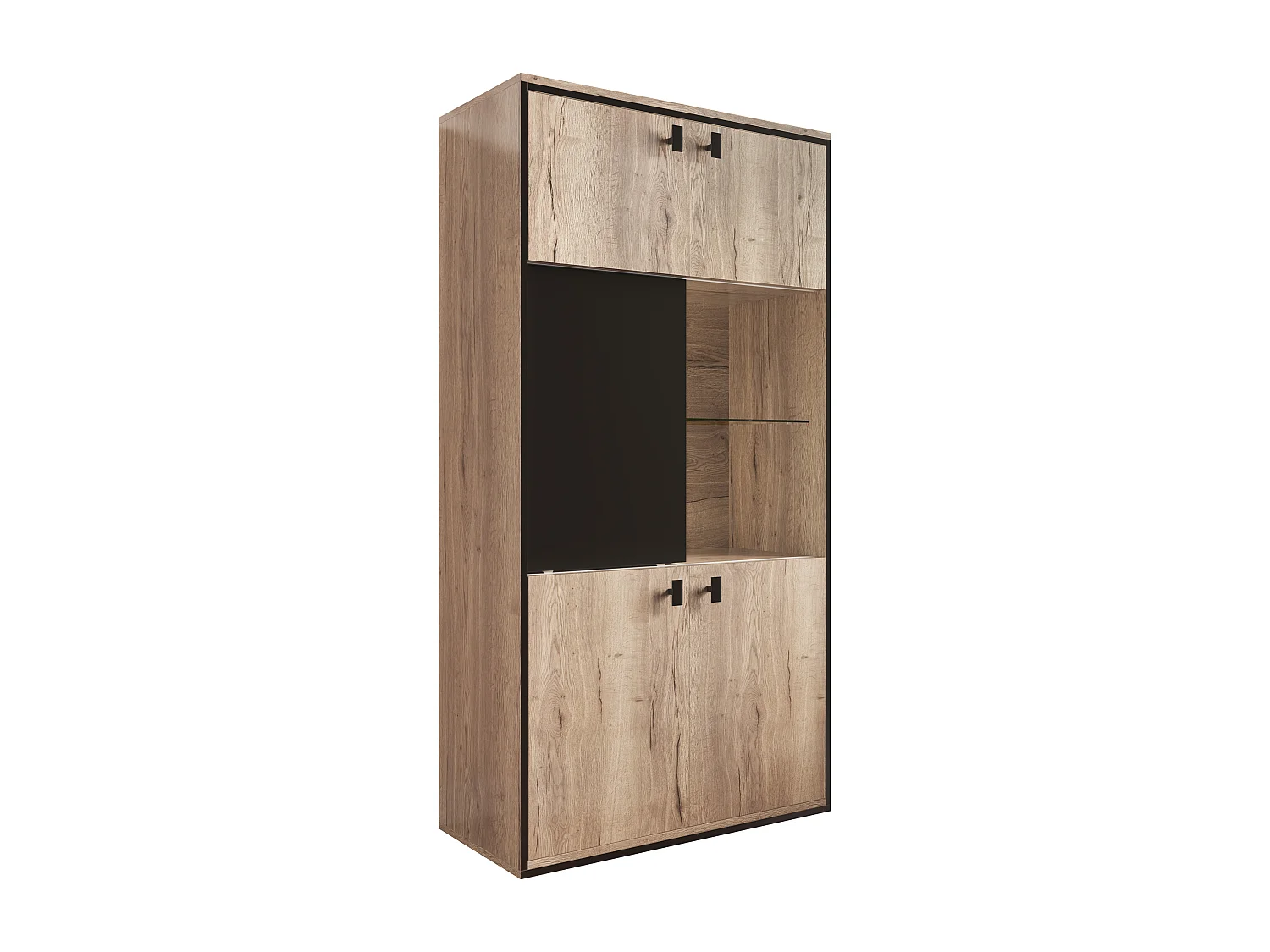 Credenza alta a LED con 5 ante - Legno naturale e colore nero 77,8x36x150cm