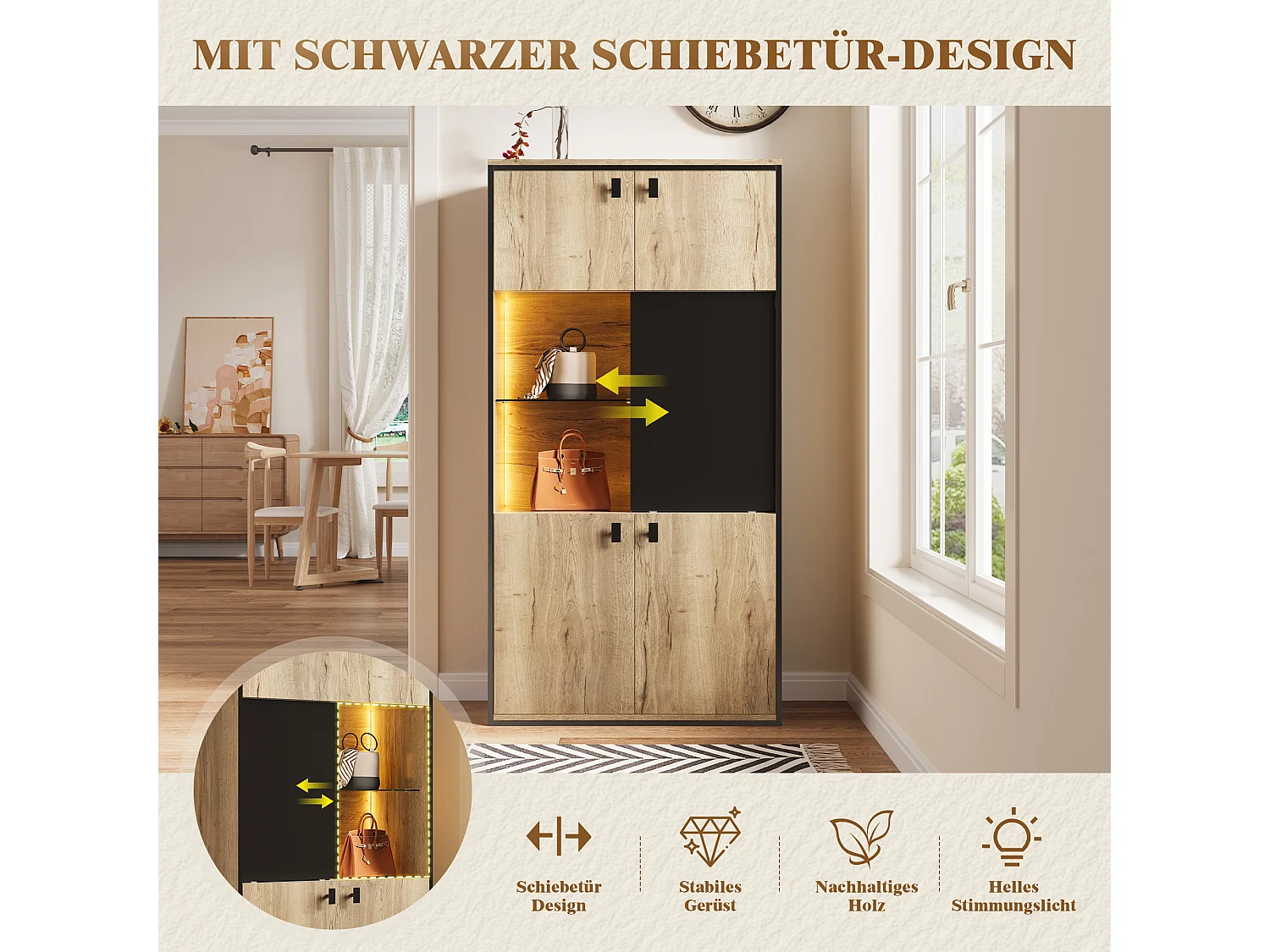 Credenza alta a LED con 5 ante - Legno naturale e colore nero 77,8x36x150cm