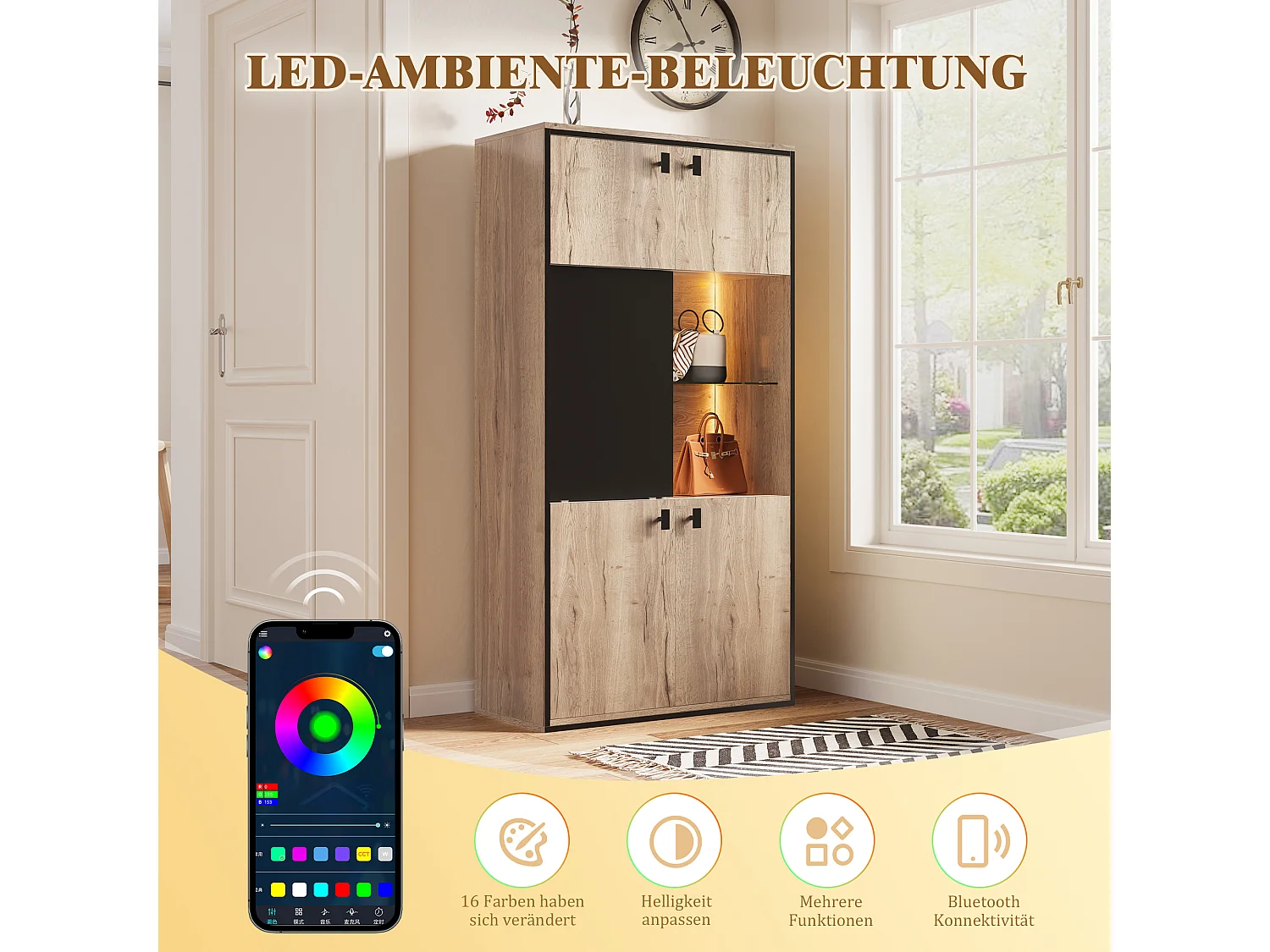 Credenza alta a LED con 5 ante - Legno naturale e colore nero 77,8x36x150cm