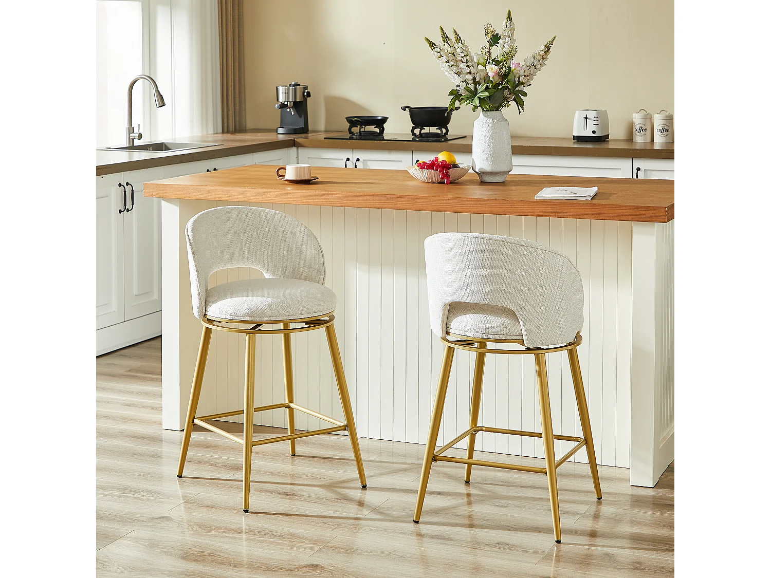 Set van 2 draaibare barkrukken in beige chenillestof - Goudkleurig metalen frame