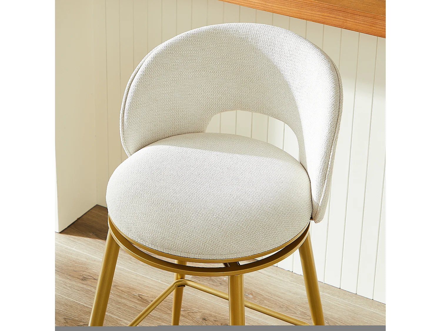 Set van 2 draaibare barkrukken in beige chenillestof - Goudkleurig metalen frame