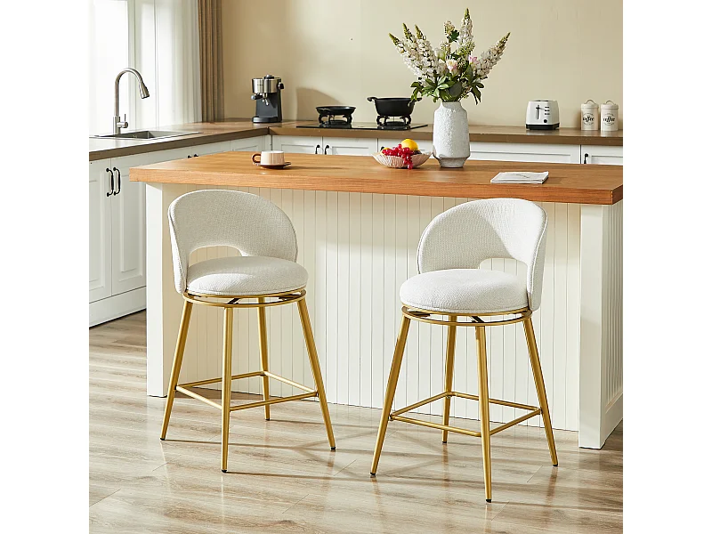 Set van 2 draaibare barkrukken in beige chenillestof - Goudkleurig metalen frame