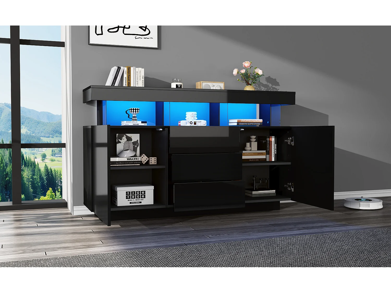 Hoogglans dressoir 140 x 35 x 80 cm met LED-verlichting, 3 lades en 2 deuren - Zwart