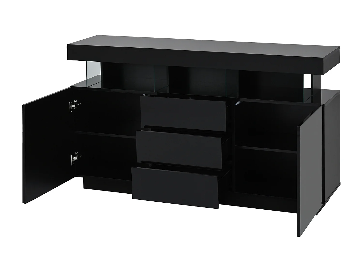 Hoogglans dressoir 140 x 35 x 80 cm met LED-verlichting, 3 lades en 2 deuren - Zwart