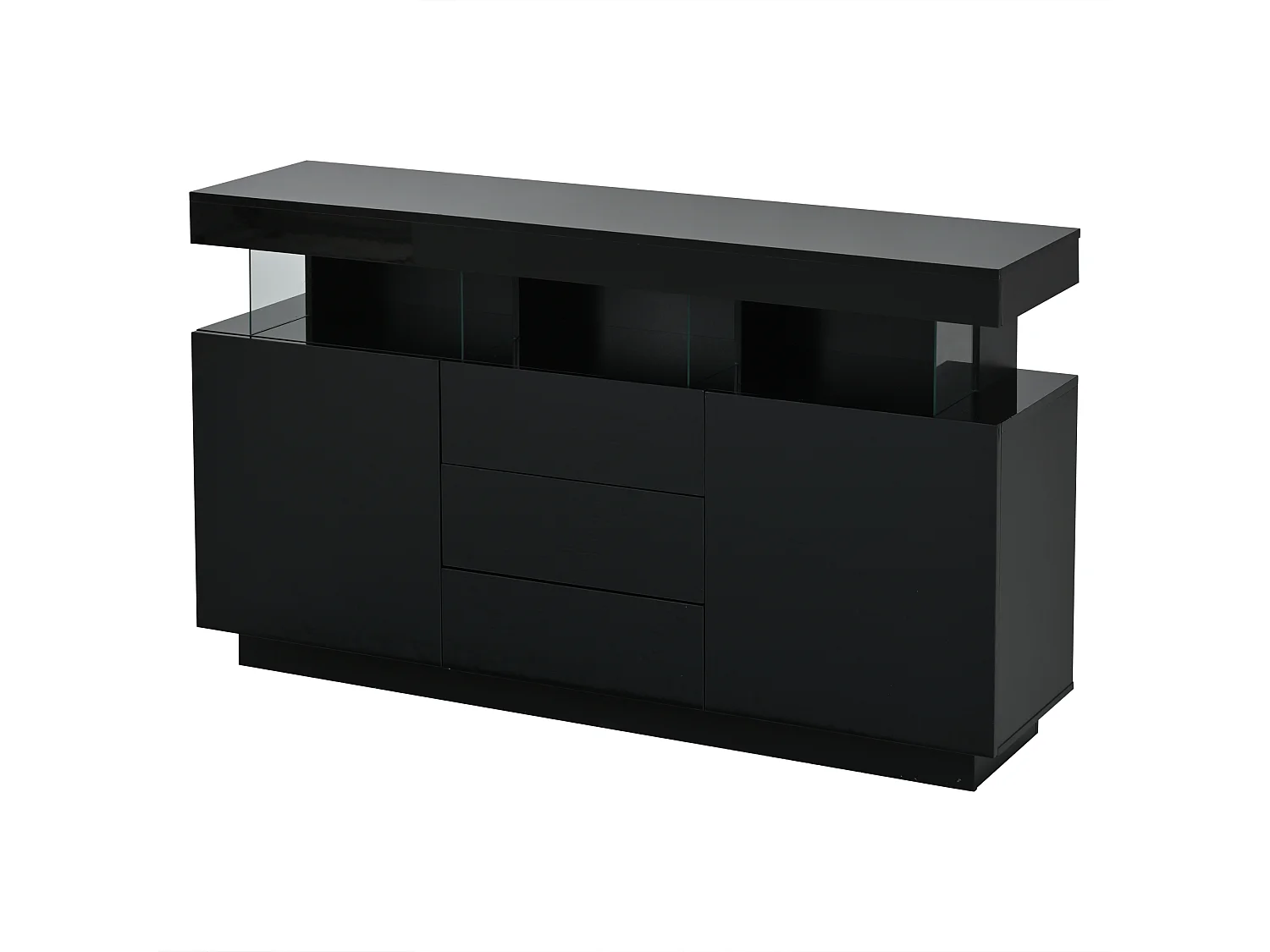 Hoogglans dressoir 140 x 35 x 80 cm met LED-verlichting, 3 lades en 2 deuren - Zwart