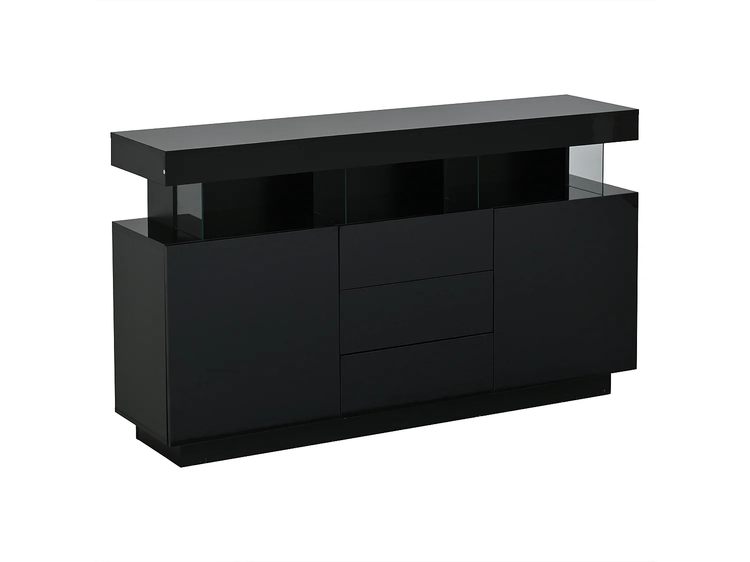 Hoogglans dressoir 140 x 35 x 80 cm met LED-verlichting, 3 lades en 2 deuren - Zwart