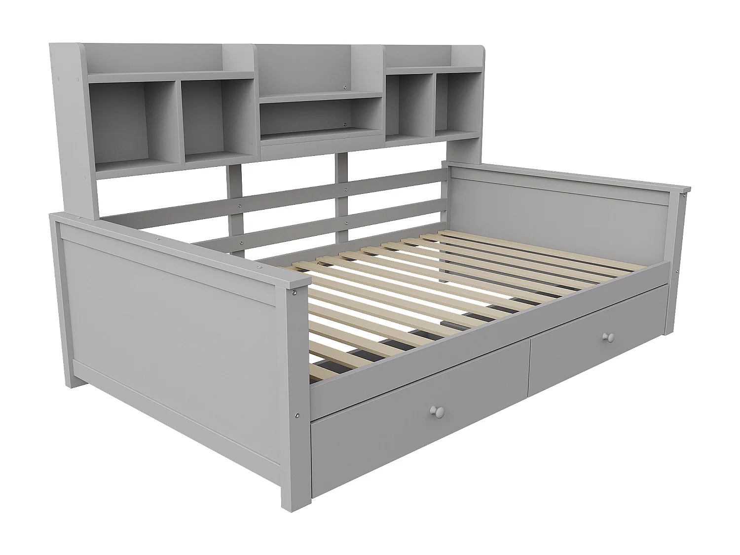 Kinderdagbed 90x200 cm met 2 lades en planken - Grijs hout (matras niet inbegrepen)