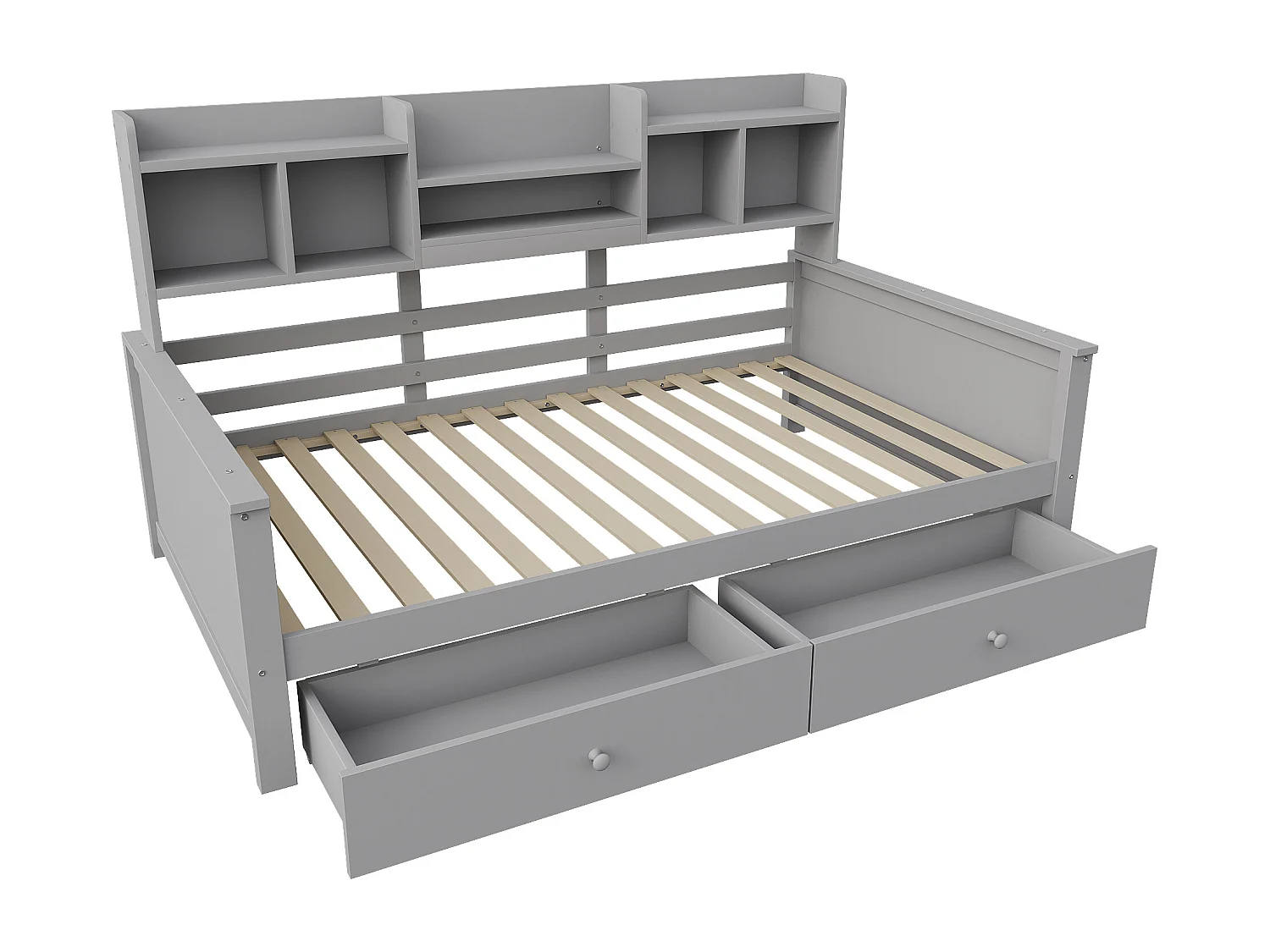 Kinderdagbed 90x200 cm met 2 lades en planken - Grijs hout (matras niet inbegrepen)