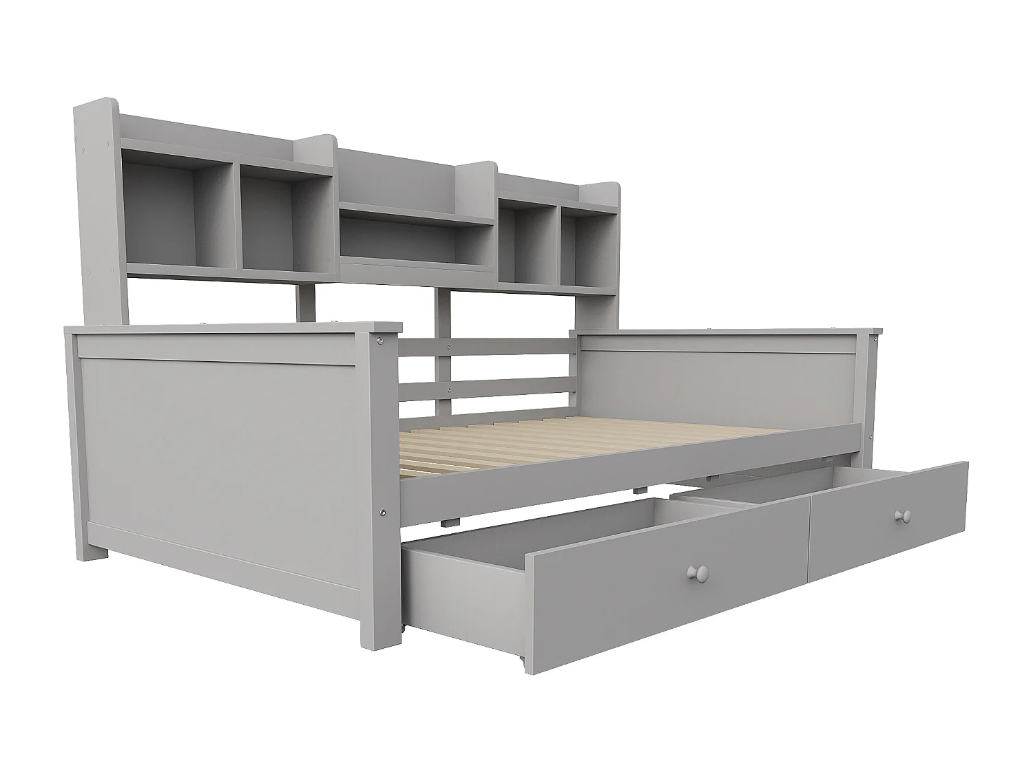 Kinderdagbed 90x200 cm met 2 lades en planken - Grijs hout (matras niet inbegrepen)