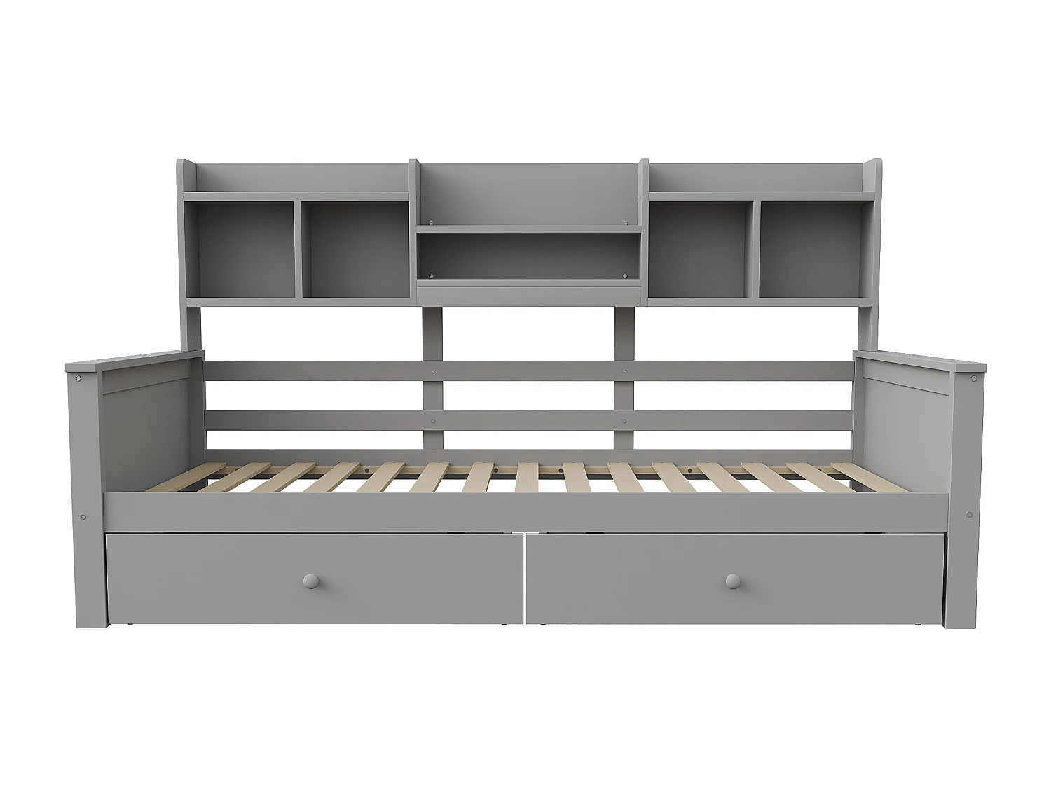 Kinderdagbed 90x200 cm met 2 lades en planken - Grijs hout (matras niet inbegrepen)