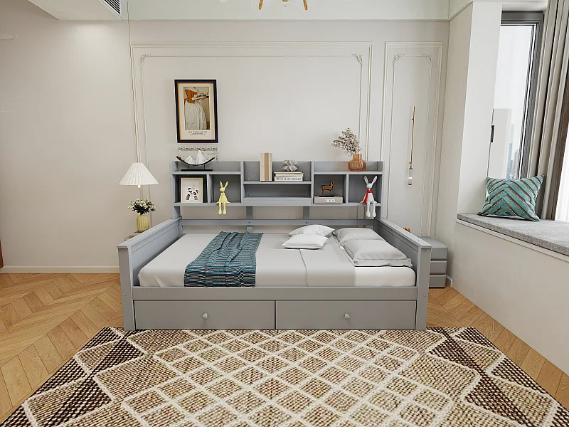 Lit banquette enfant 90x200 cm avec 2 tiroirs et étagères - Bois gris (sans matelas)