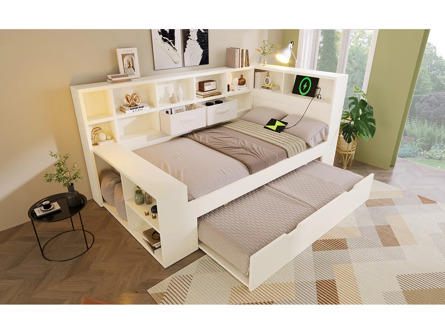 Kinderbed 90x190 cm met uitschuifbed 90x180 cm, wit hout - USB/Type-C-poorten en opbergruimte