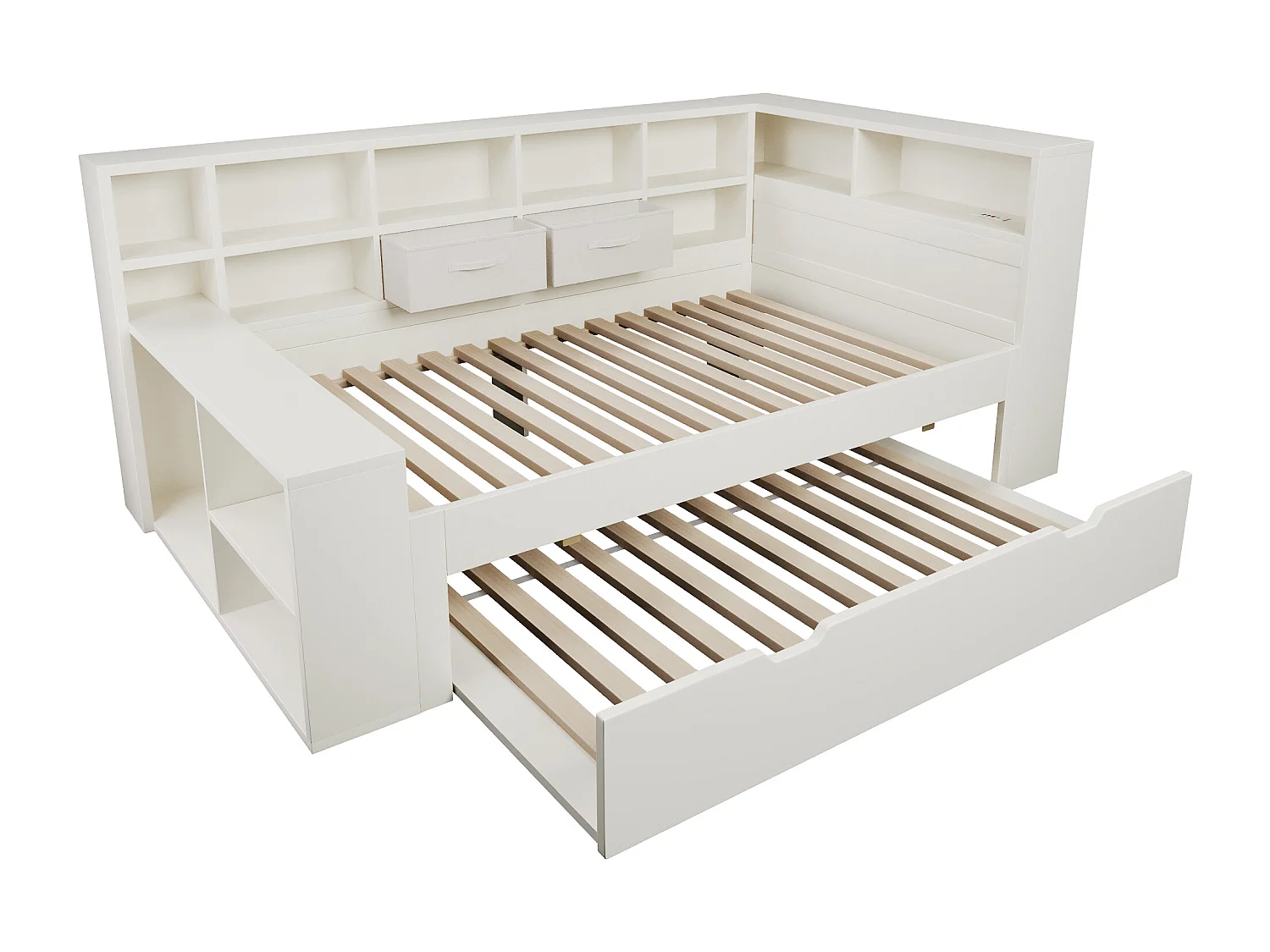 Kinderbed 90x190 cm met uitschuifbed 90x180 cm, wit hout - USB/Type-C-poorten en opbergruimte