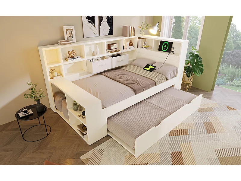 Kinderbed 90x190 cm met uitschuifbed 90x180 cm, wit hout - USB/Type-C-poorten en opbergruimte