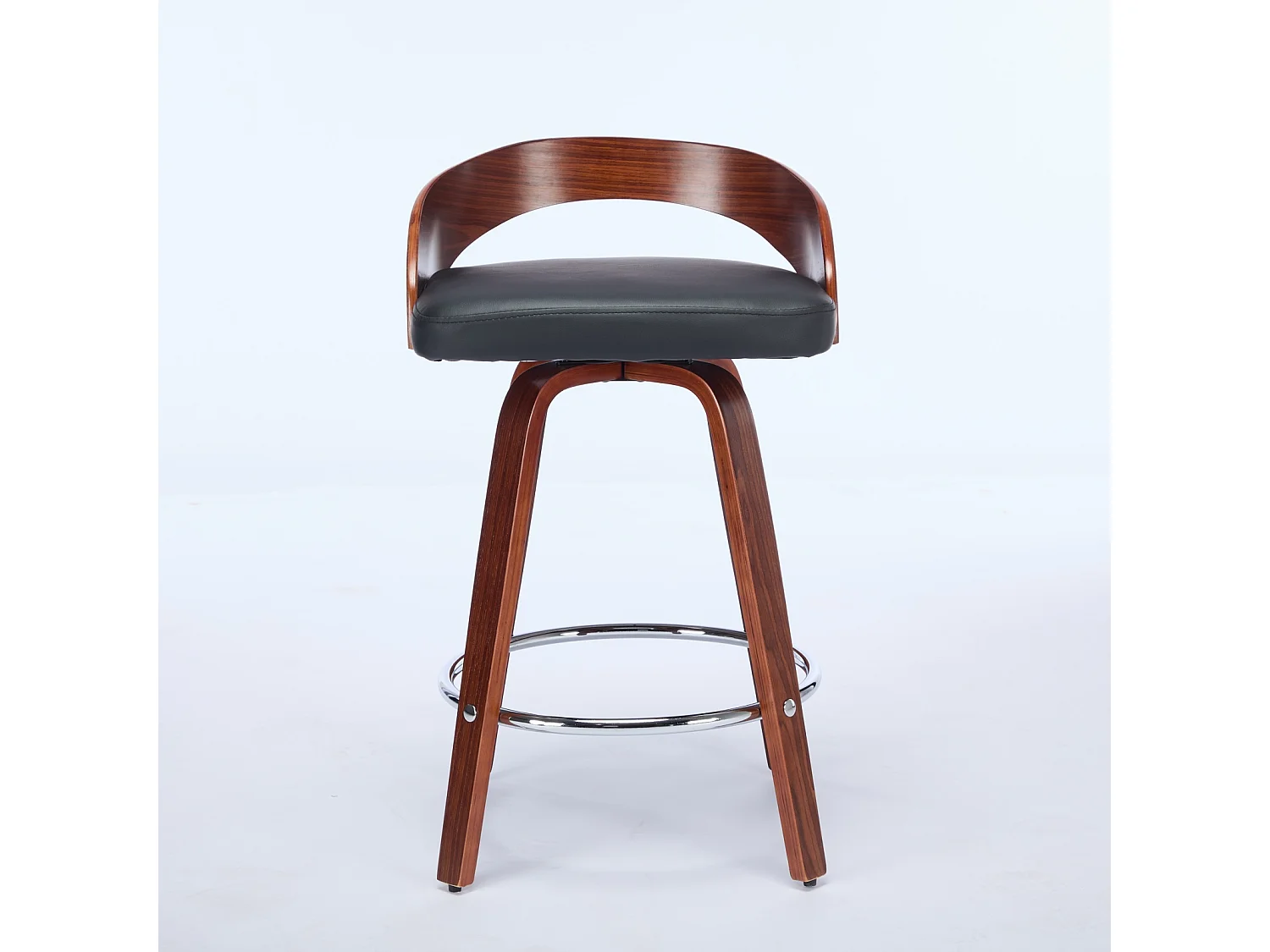 Juego de 2 taburetes de bar giratorios en PU con respaldo bajo - Negro y madera oscura