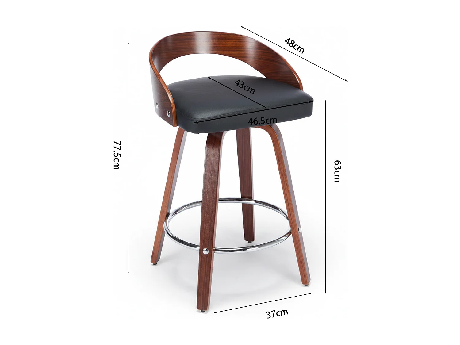 Juego de 2 taburetes de bar giratorios en PU con respaldo bajo - Negro y madera oscura