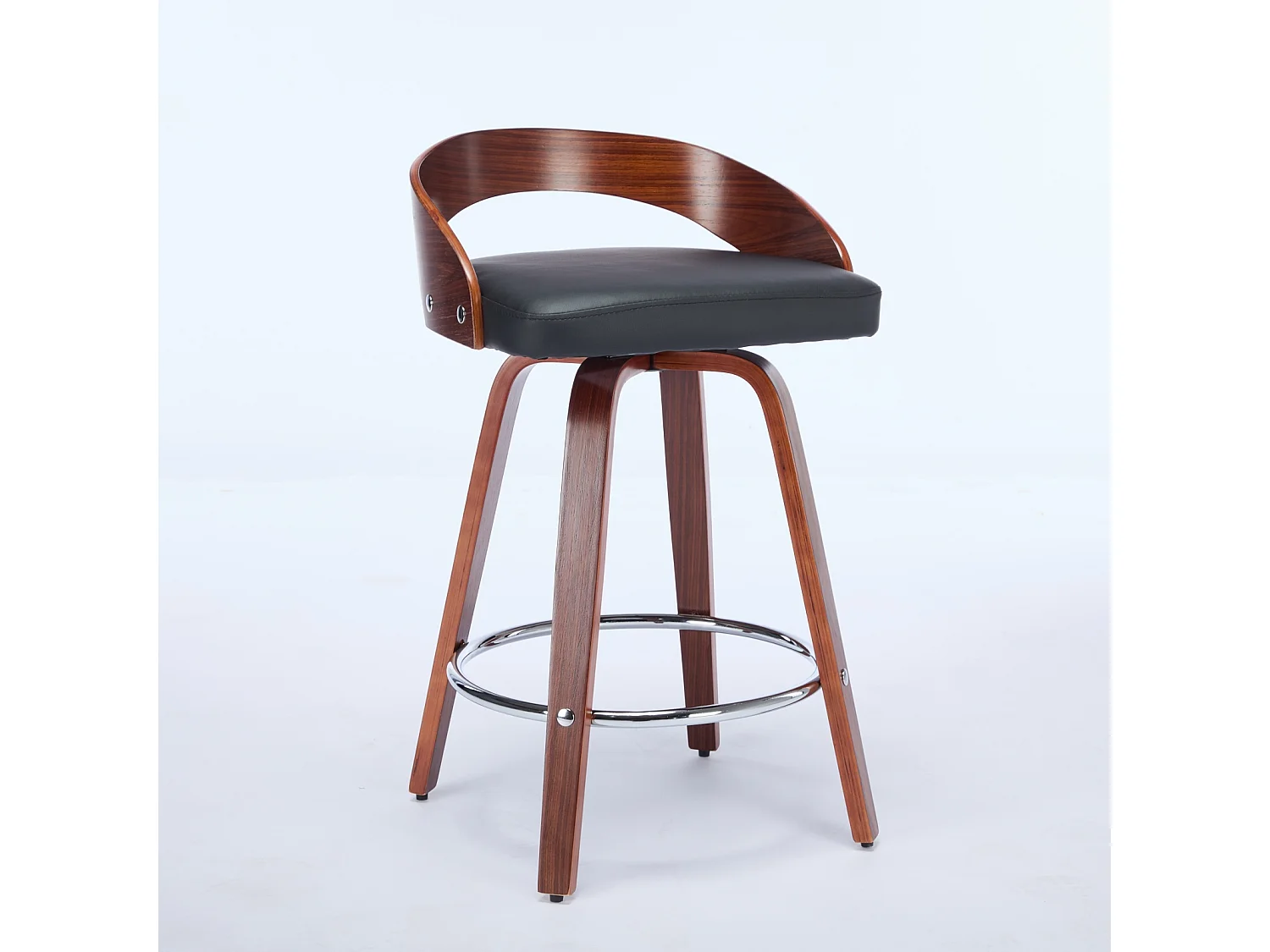 Juego de 2 taburetes de bar giratorios en PU con respaldo bajo - Negro y madera oscura