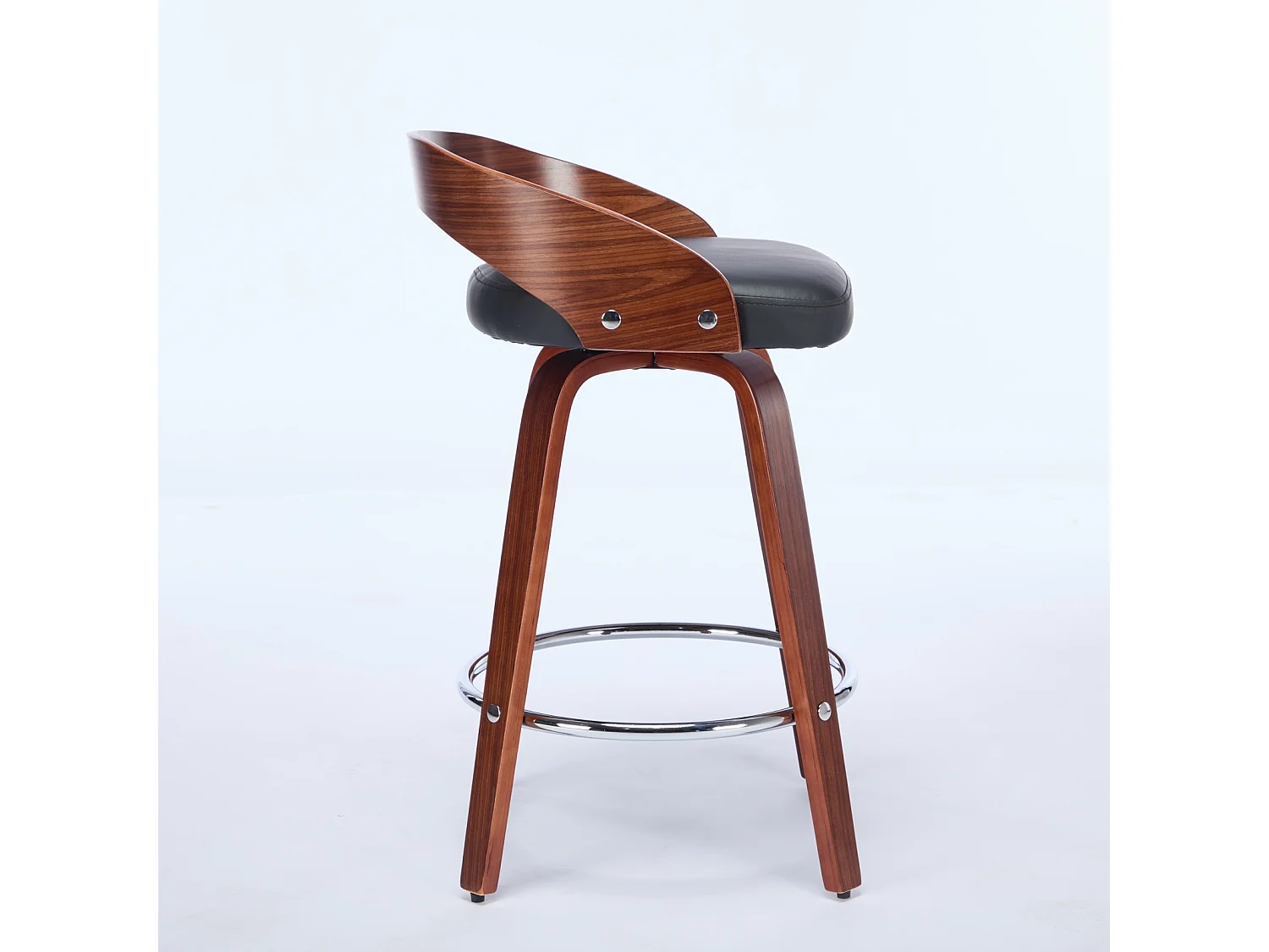 Juego de 2 taburetes de bar giratorios en PU con respaldo bajo - Negro y madera oscura