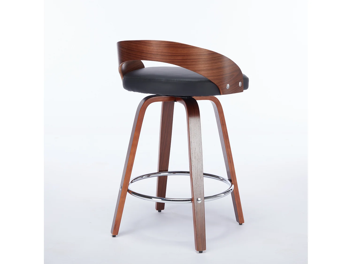 Juego de 2 taburetes de bar giratorios en PU con respaldo bajo - Negro y madera oscura