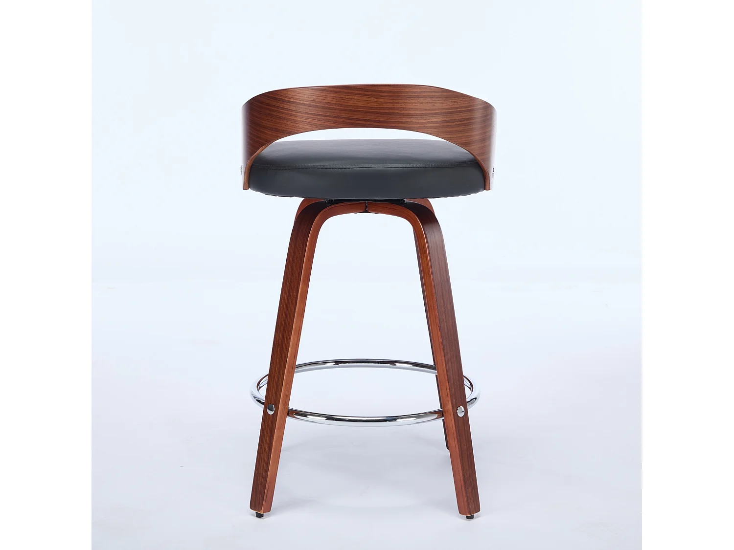 Juego de 2 taburetes de bar giratorios en PU con respaldo bajo - Negro y madera oscura