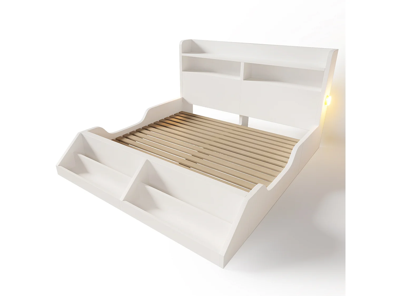 Tweepersoonsbed voor kinderen 140x200 cm in hout met nachtlampjes en plankje - Wit (matras niet inbegrepen)