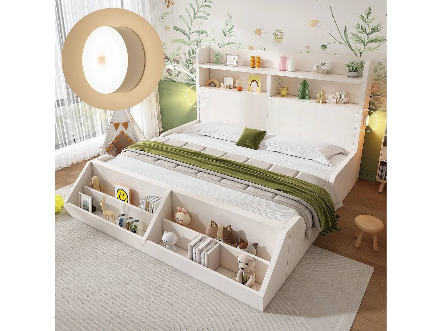 Tweepersoonsbed voor kinderen 140x200 cm in hout met nachtlampjes en plankje - Wit (matras niet inbegrepen)