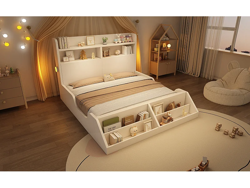 Cama doble infantil 140x200 cm en madera con luz nocturna y estante - Blanco (colchón no incluido)