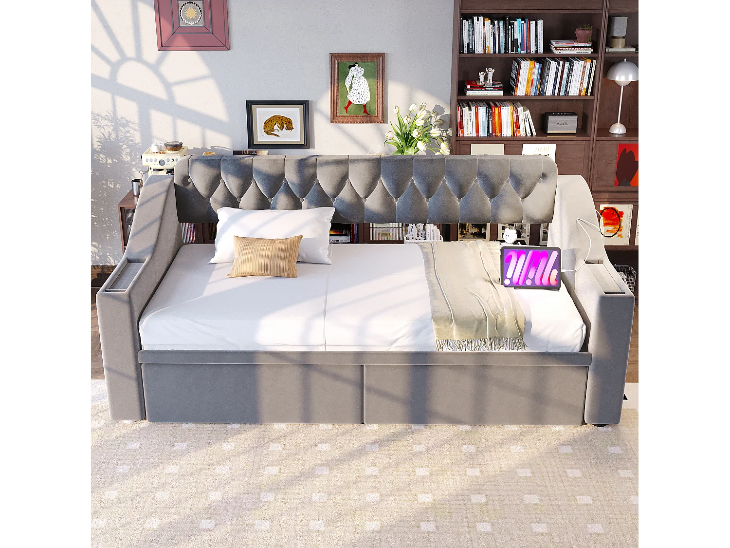 Lit banquette enfant 90x190 cm avec ports USB/Type-C et 2 tiroirs - Velours gris clair