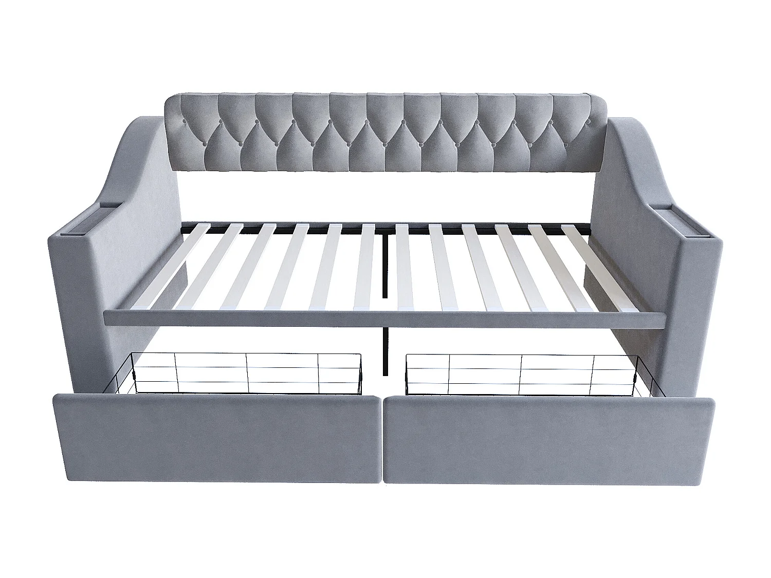 Lit banquette enfant 90x190 cm avec ports USB/Type-C et 2 tiroirs - Velours gris clair