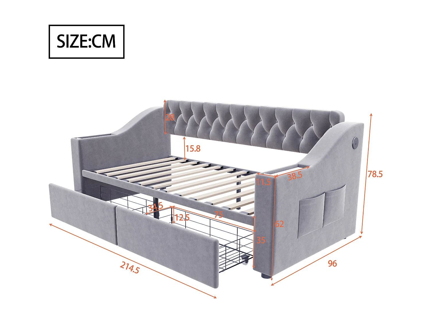Lit banquette enfant 90x190 cm avec ports USB/Type-C et 2 tiroirs - Velours gris clair