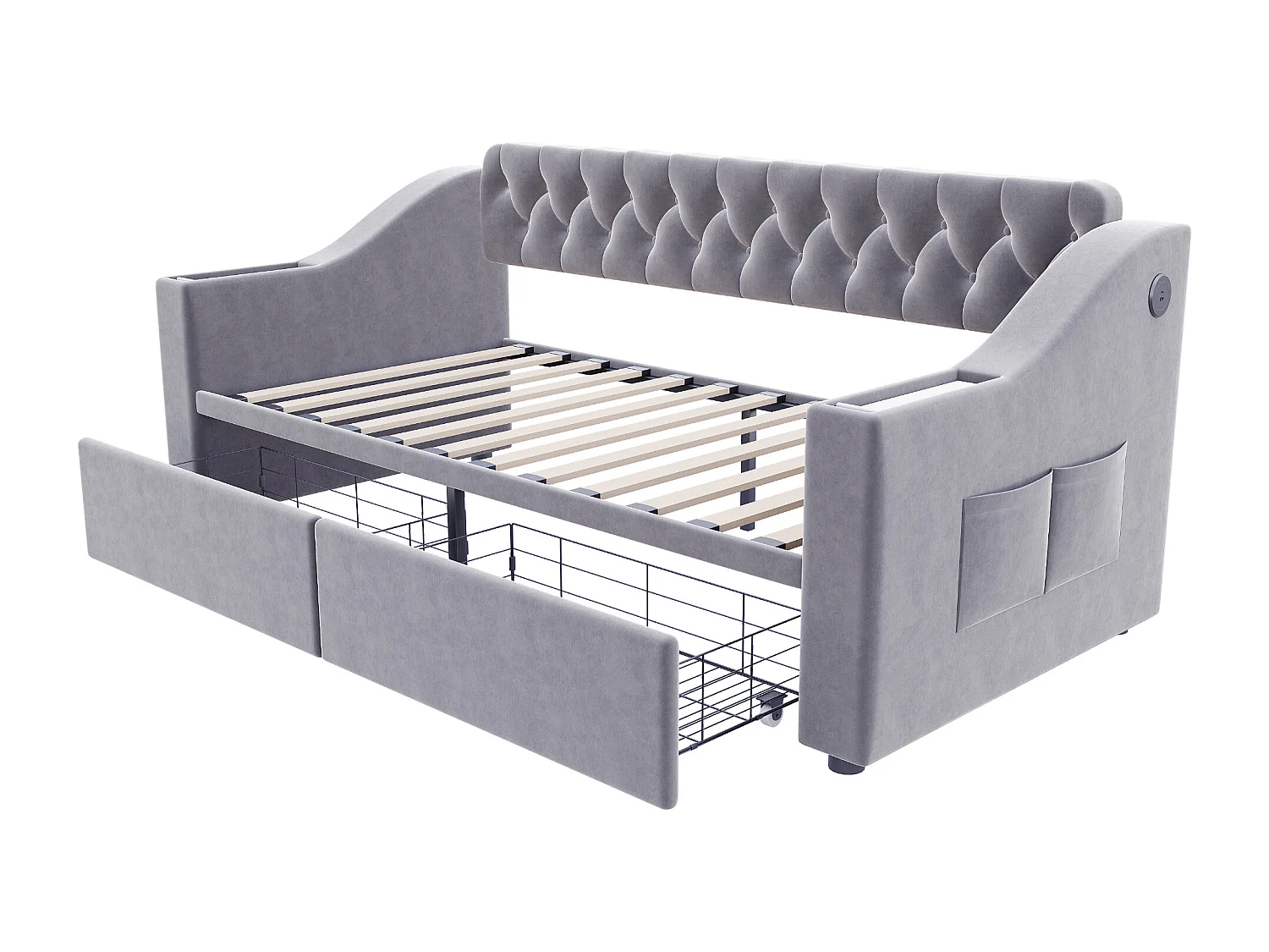Lit banquette enfant 90x190 cm avec ports USB/Type-C et 2 tiroirs - Velours gris clair