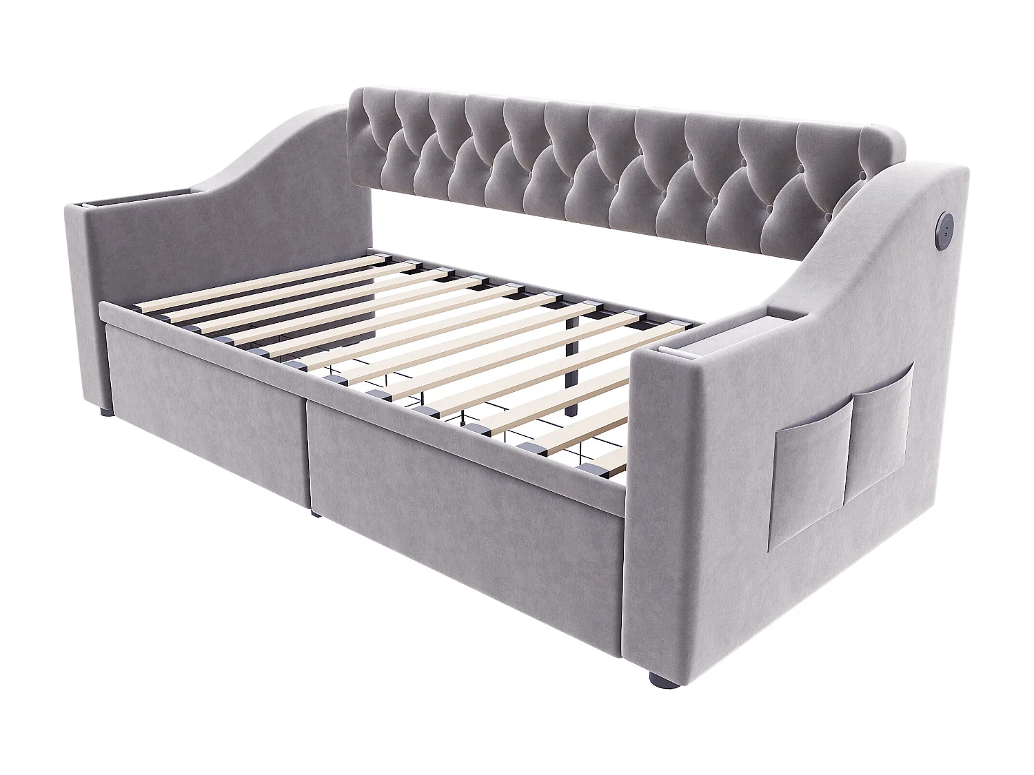 Lit banquette enfant 90x190 cm avec ports USB/Type-C et 2 tiroirs - Velours gris clair