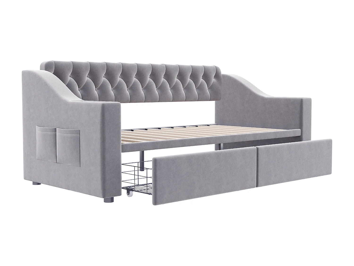 Lit banquette enfant 90x190 cm avec ports USB/Type-C et 2 tiroirs - Velours gris clair