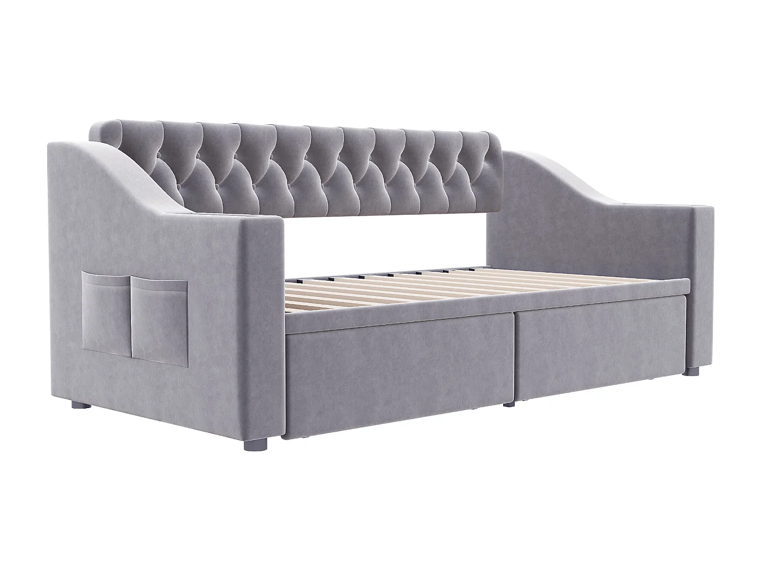 Lit banquette enfant 90x190 cm avec ports USB/Type-C et 2 tiroirs - Velours gris clair