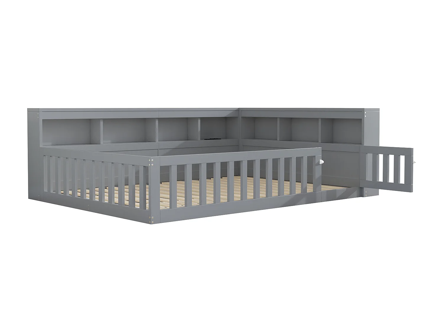 Lit double 140x200 cm au sol avec prise et rangements - Lit enfant en bois pin et MDF - Gris