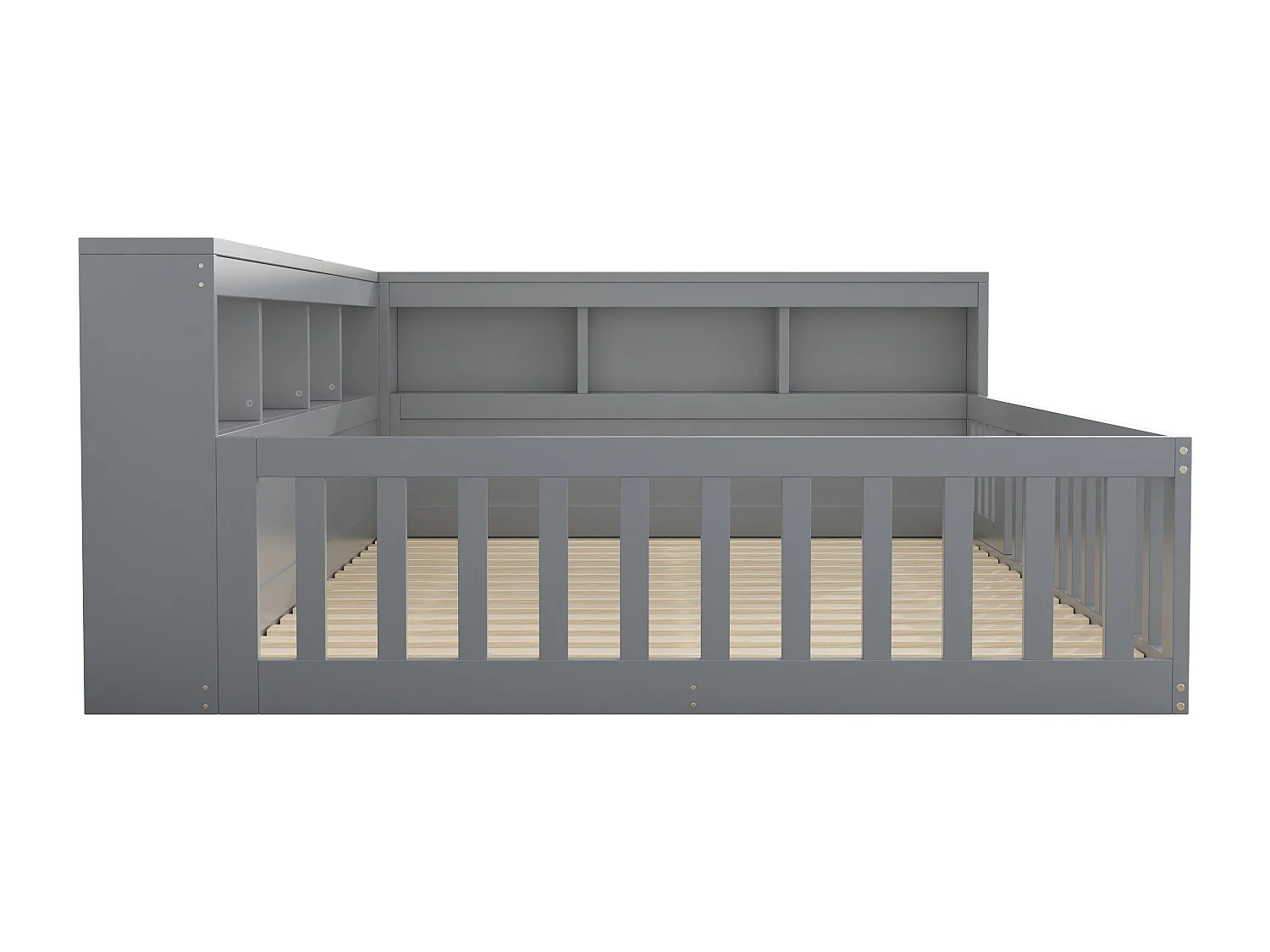 Lit double 140x200 cm au sol avec prise et rangements - Lit enfant en bois pin et MDF - Gris