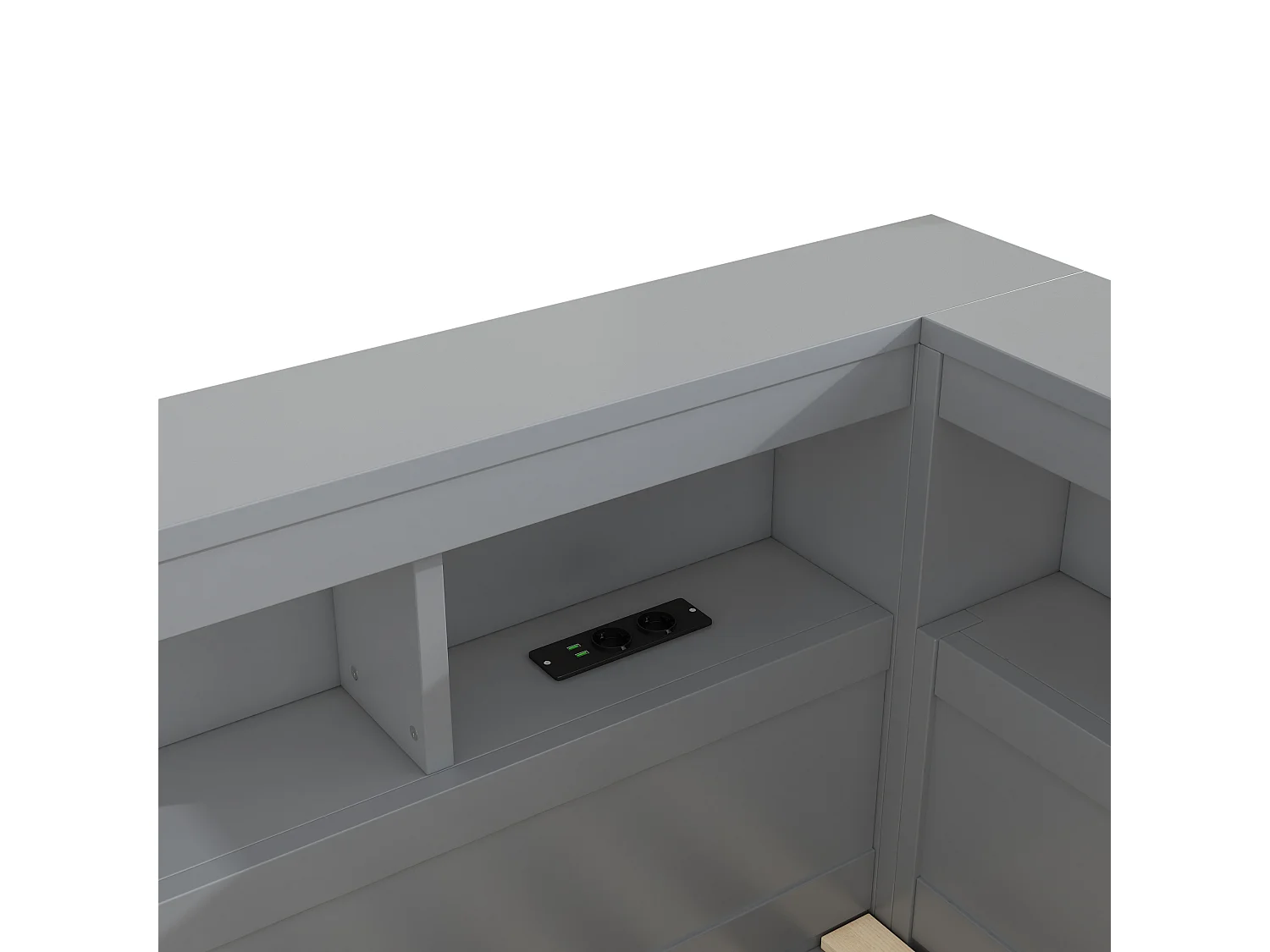 Lit double 140x200 cm au sol avec prise et rangements - Lit enfant en bois pin et MDF - Gris