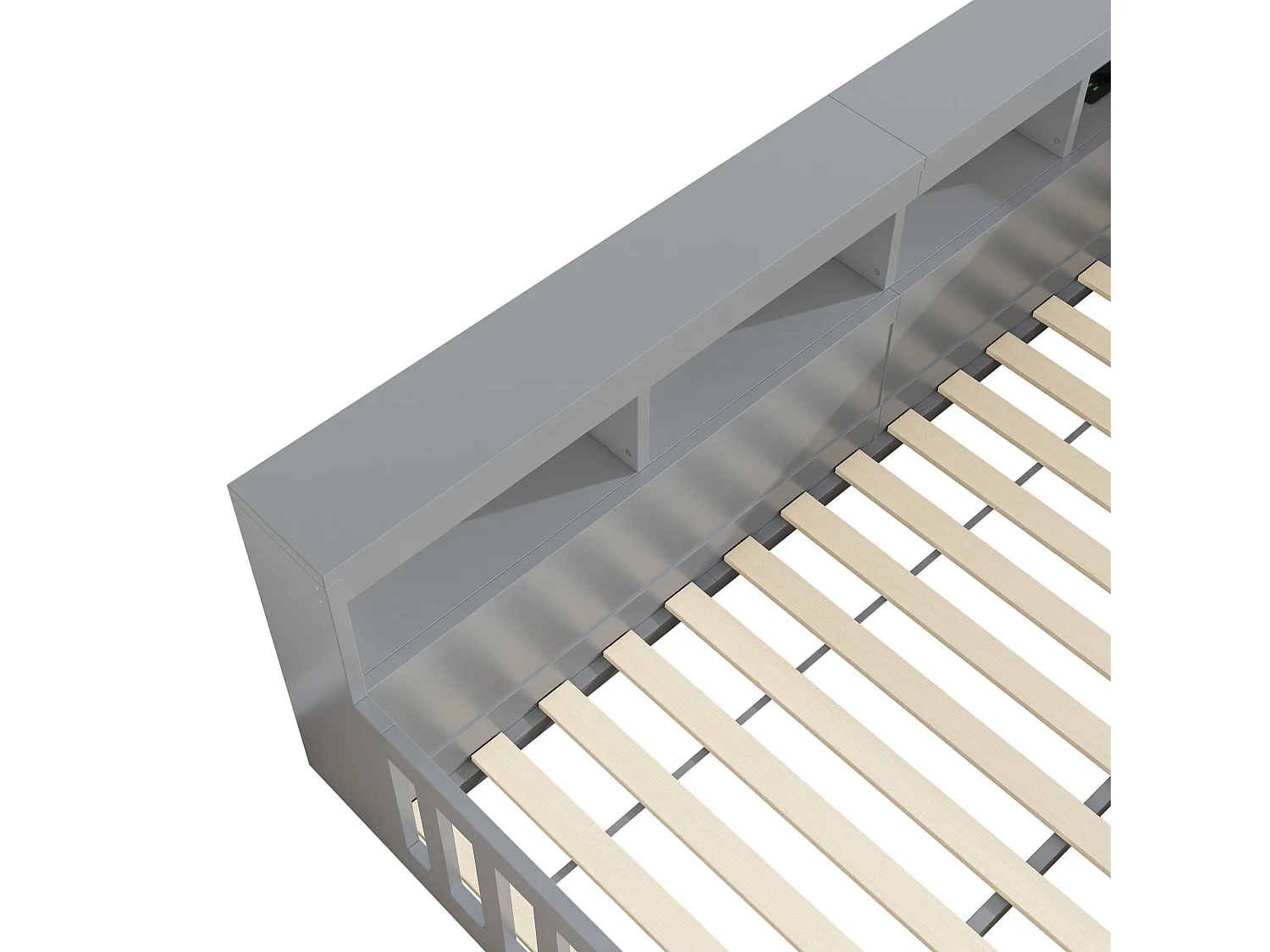 Lit double 140x200 cm au sol avec prise et rangements - Lit enfant en bois pin et MDF - Gris