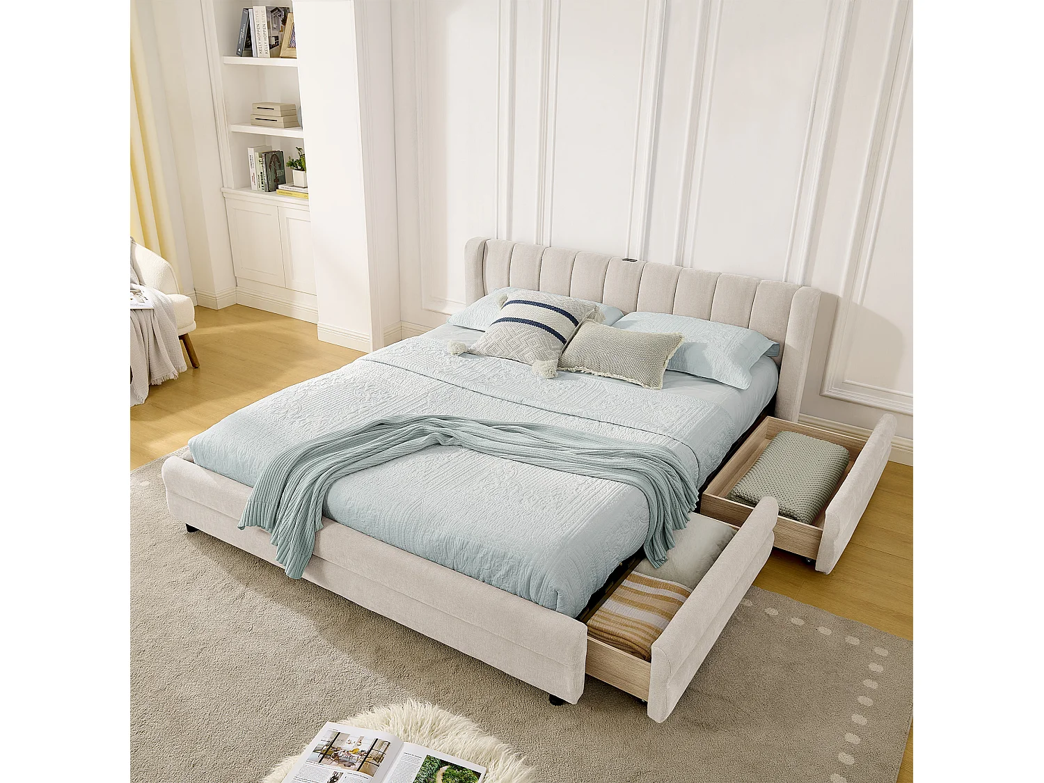 Volwassenenbed 140x200 cm met USB-aansluiting en 2 lades - Beige chenille stof (matras niet inbegrepen)