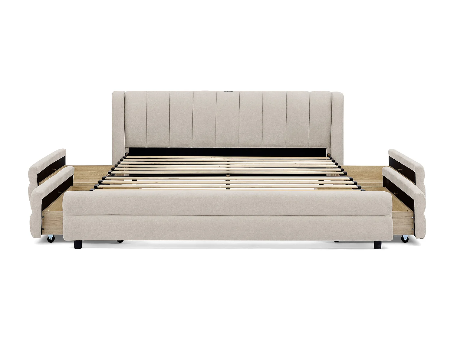 Volwassenenbed 140x200 cm met USB-aansluiting en 2 lades - Beige chenille stof (matras niet inbegrepen)