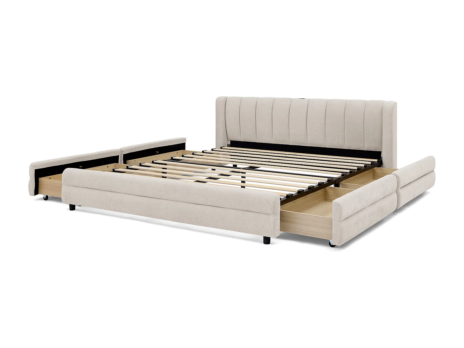 Volwassenenbed 140x200 cm met USB-aansluiting en 2 lades - Beige chenille stof (matras niet inbegrepen)