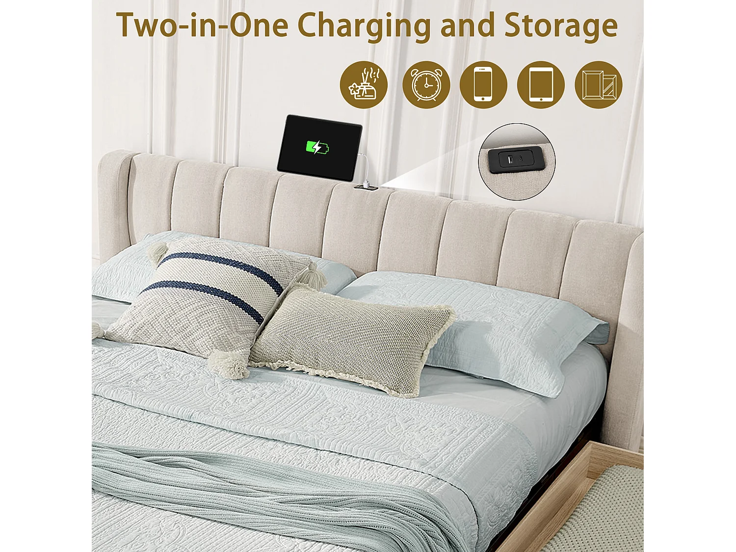 Volwassenenbed 140x200 cm met USB-aansluiting en 2 lades - Beige chenille stof (matras niet inbegrepen)