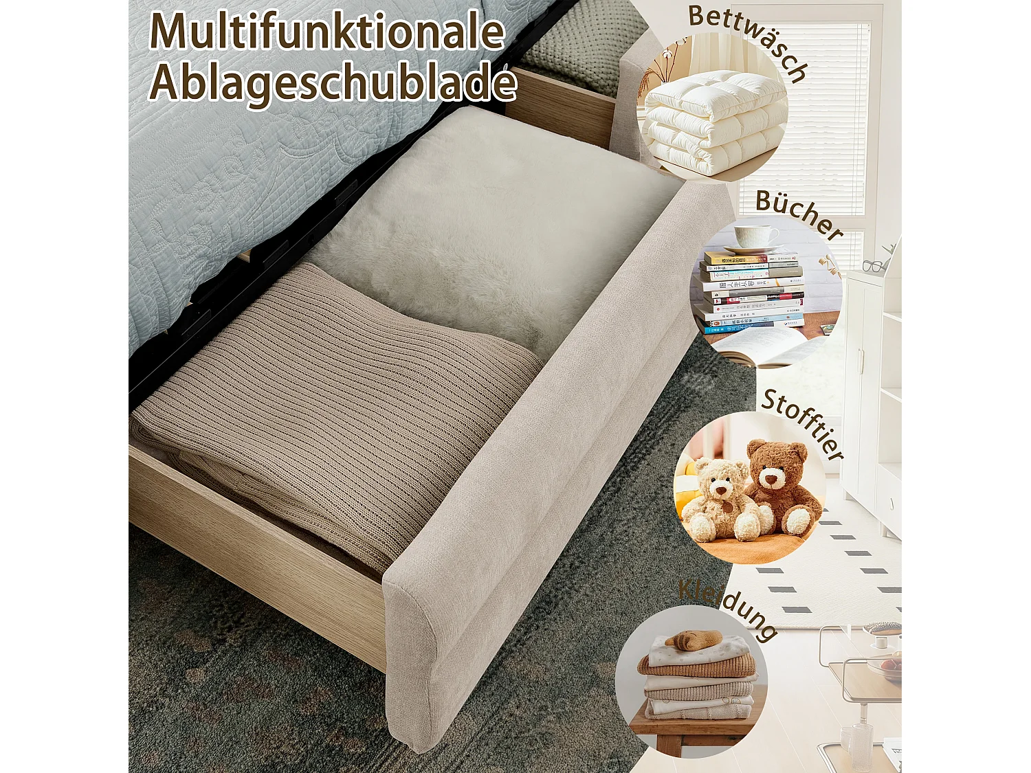 Volwassenenbed 140x200 cm met USB-aansluiting en 2 lades - Beige chenille stof (matras niet inbegrepen)