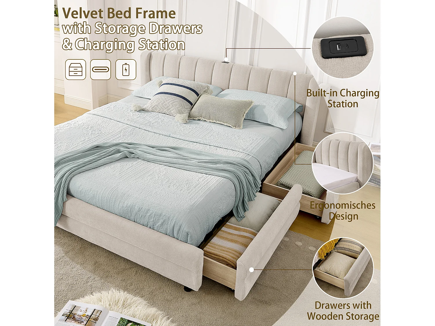 Volwassenenbed 140x200 cm met USB-aansluiting en 2 lades - Beige chenille stof (matras niet inbegrepen)