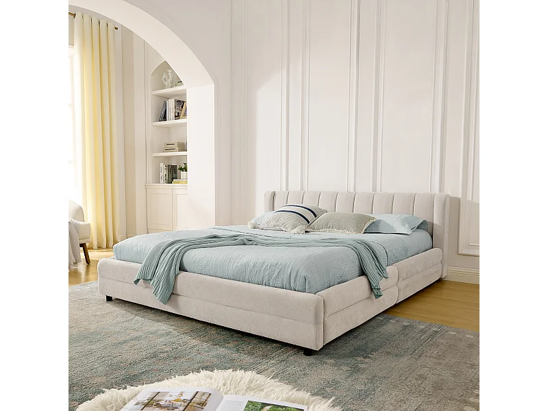 Volwassenenbed 140x200 cm met USB-aansluiting en 2 lades - Beige chenille stof (matras niet inbegrepen)