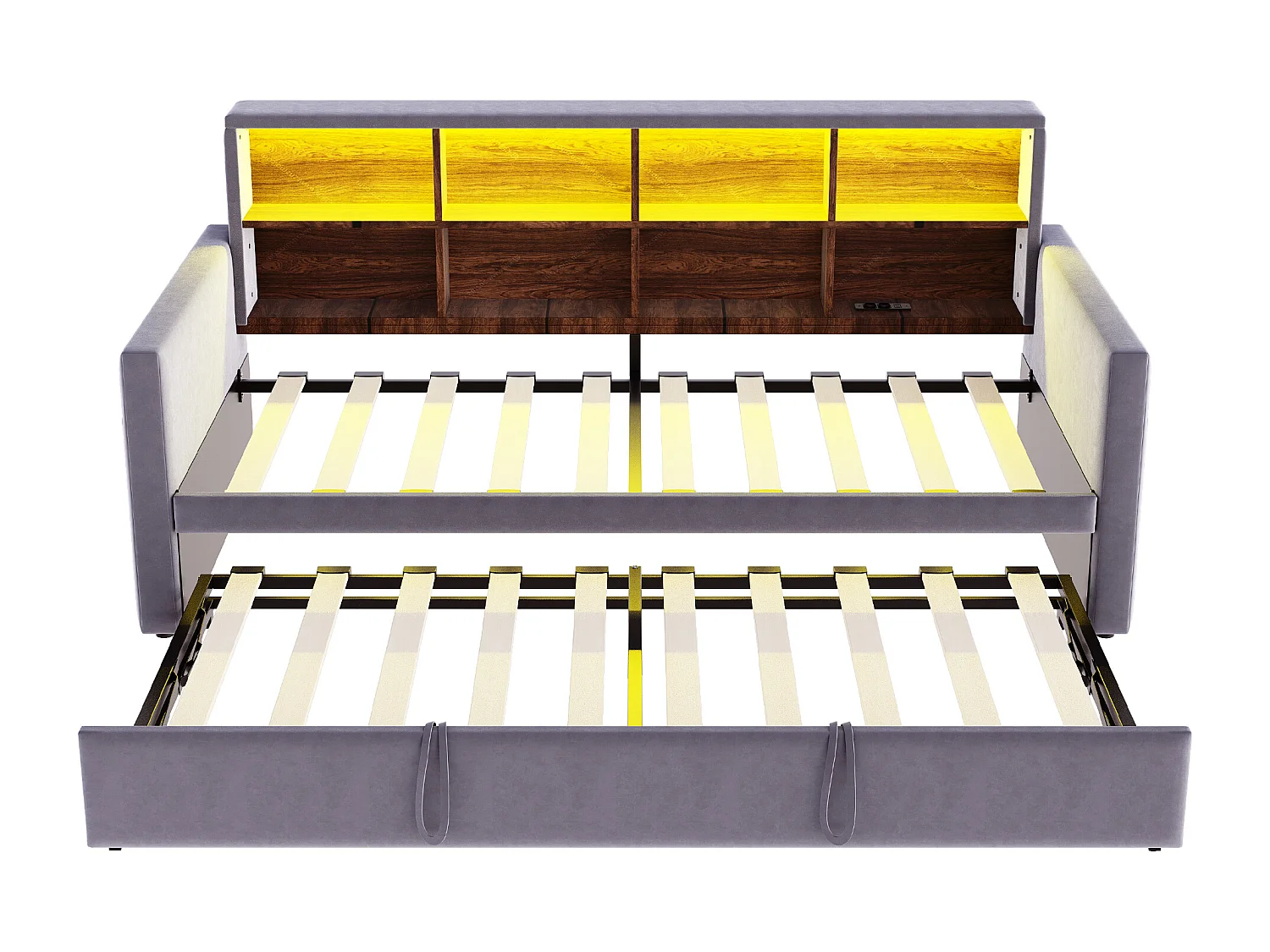 Lit enfant 90x190 cm extensible 180x190 cm - Lit banquette avec LED , Prise de charge et rangement - Velours gris foncé