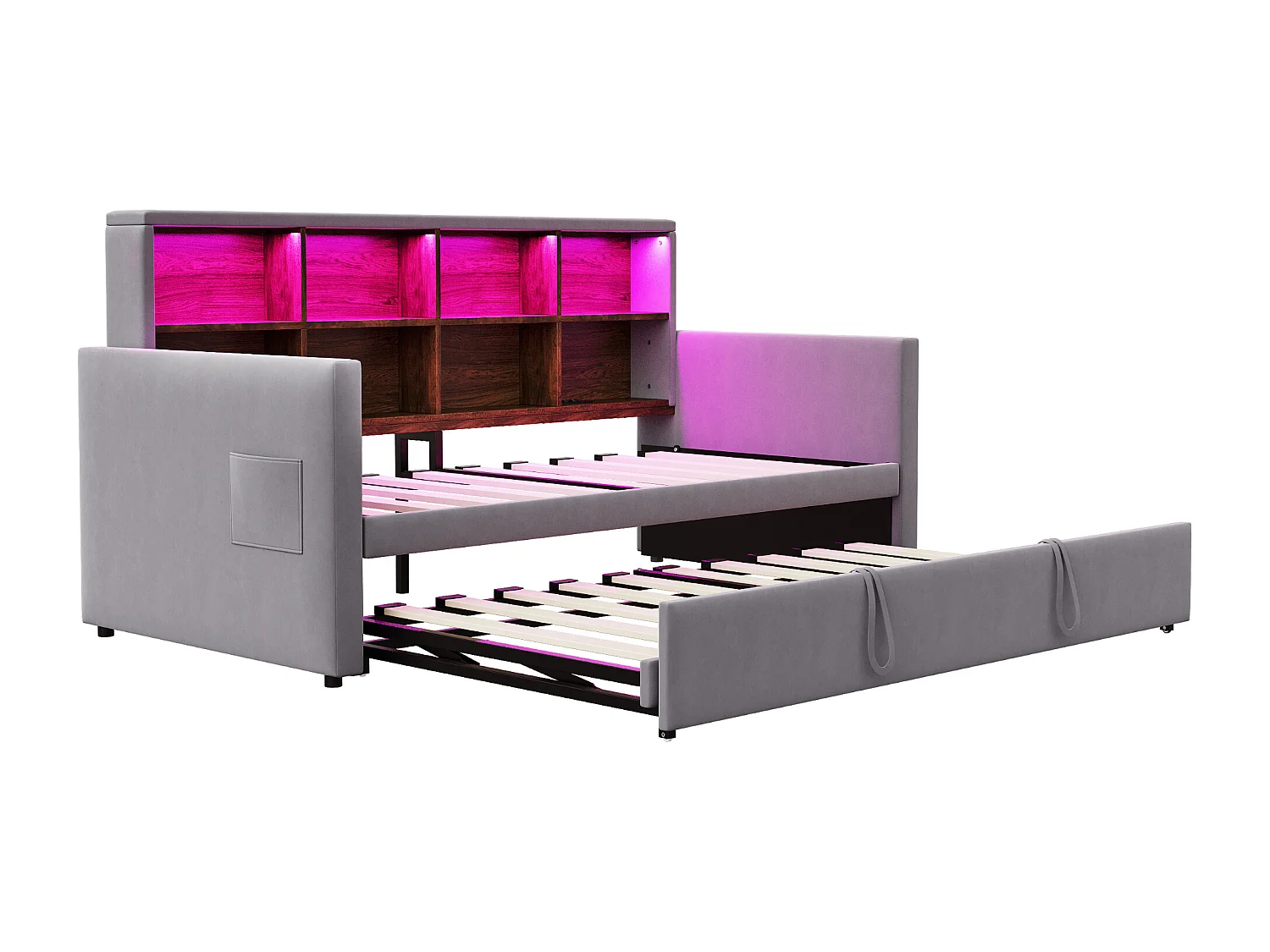 Lit enfant 90x190 cm extensible 180x190 cm - Lit banquette avec LED , Prise de charge et rangement - Velours gris foncé