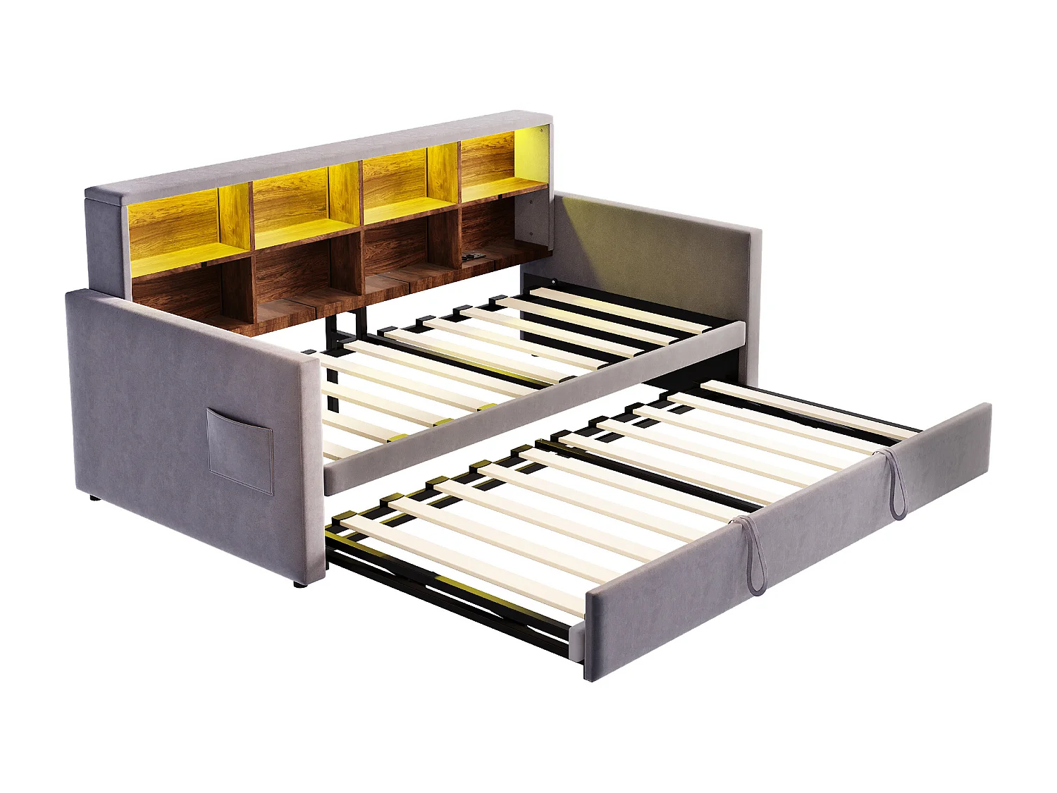 Lit enfant 90x190 cm extensible 180x190 cm - Lit banquette avec LED , Prise de charge et rangement - Velours gris foncé