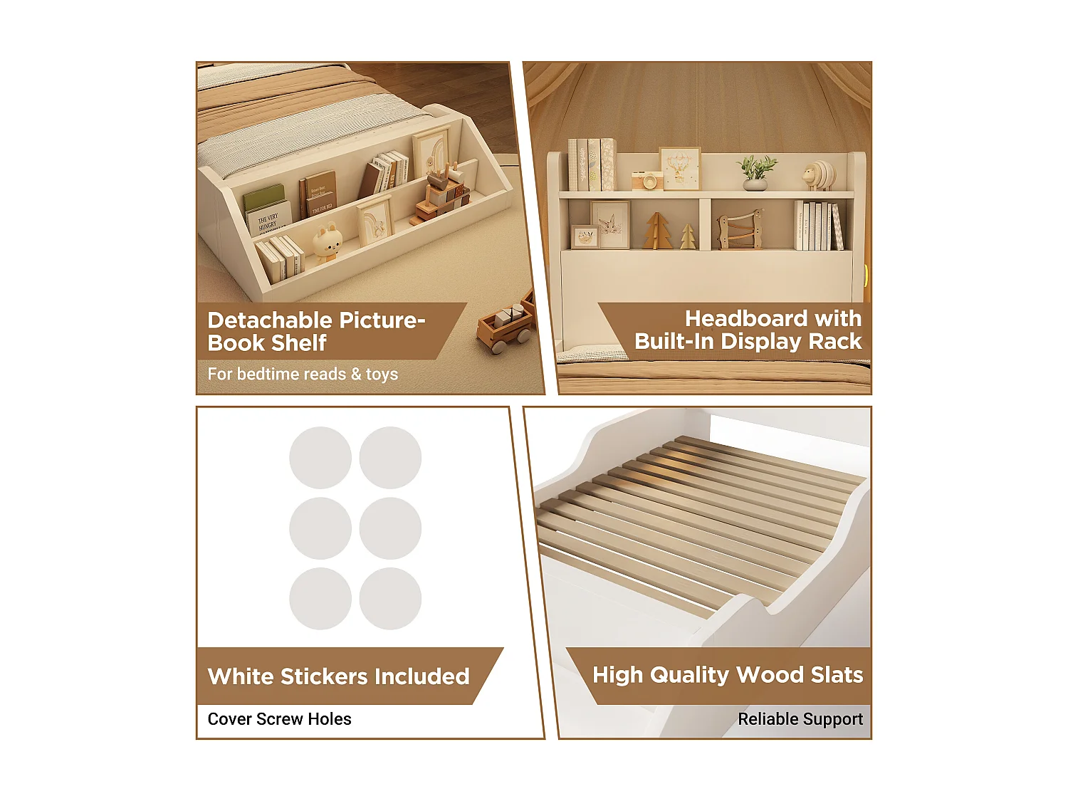 Eenpersoonsbed voor kinderen 90x200 cm in hout met nachtlampjes en plankje - Wit (matras niet inbegrepen)